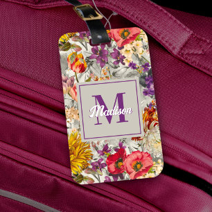Elegant purple floral grey pattern monogram luggage tag