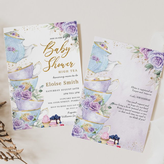 Elegant Purple Floral High Tea Party Baby Shower Invitation (Creator Uploaded)