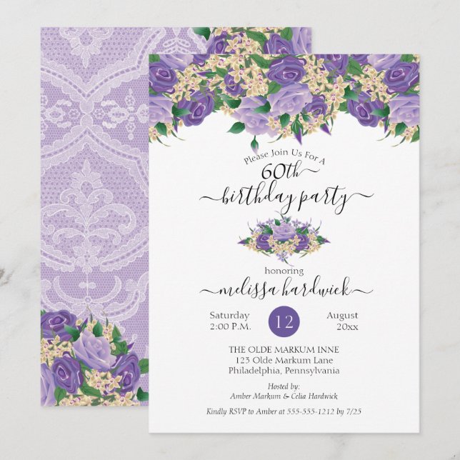Elegant Purple Floral | Lace 60th Birthday Party Invitation (Front/Back)