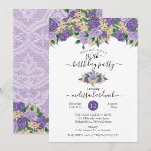 Elegant Purple Floral   Lace 80th Birthday Party Invitation