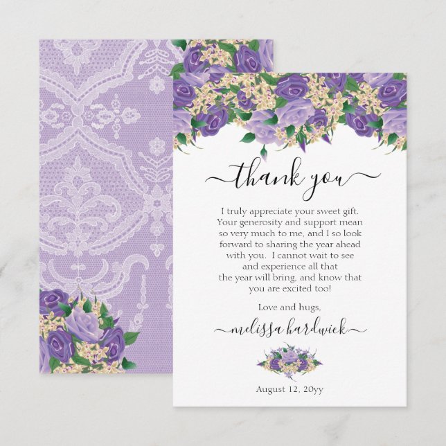 Elegant Purple Floral | Lace Birthday Party Thank You Card (Front/Back)