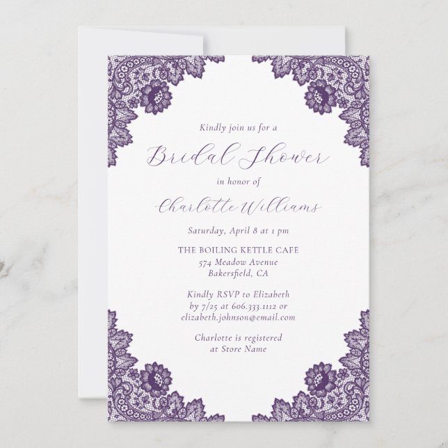 Elegant Purple Floral Lace Burlap Bridal Shower Invitation (Front)