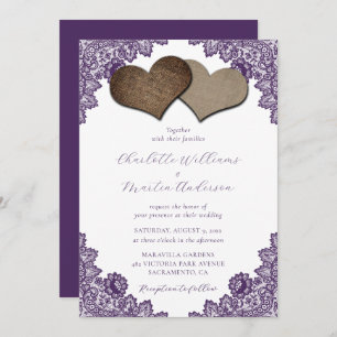 Elegant Purple Floral Lace Burlap Hearts Wedding Invitation