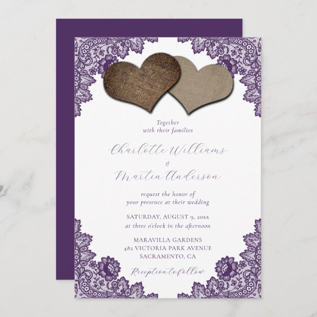Elegant Purple Floral Lace Burlap Hearts Wedding Invitation (Front/Back)
