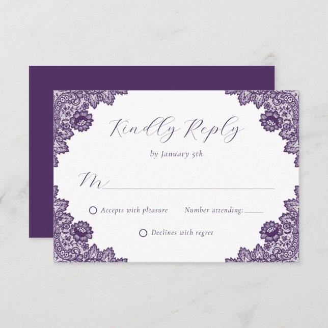 Elegant Purple Floral Lace Burlap Hearts Wedding RSVP Card (Front/Back)