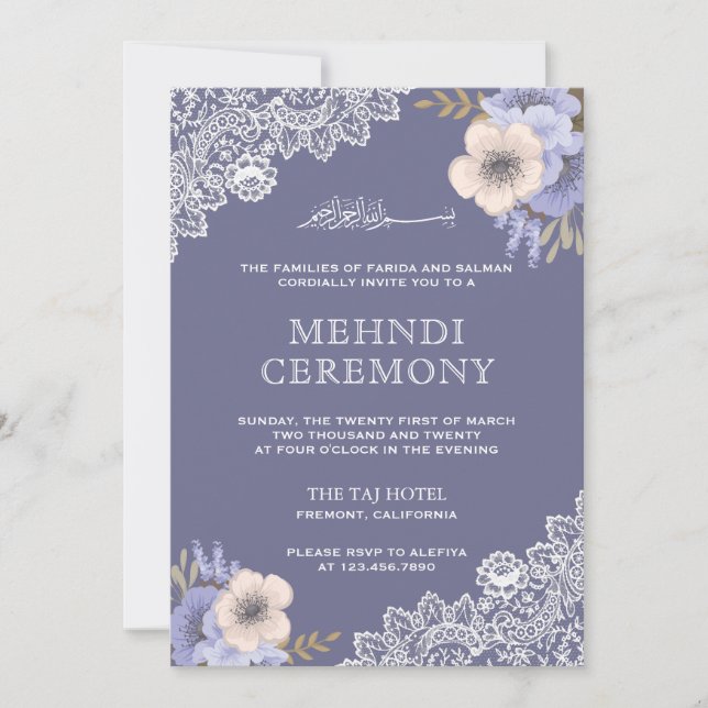Elegant Purple Floral Lace Islamic Muslim Mehndi Invitation (Front)