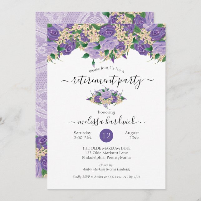 Elegant Purple Floral | Lace Retirement Party Invitation (Front/Back)