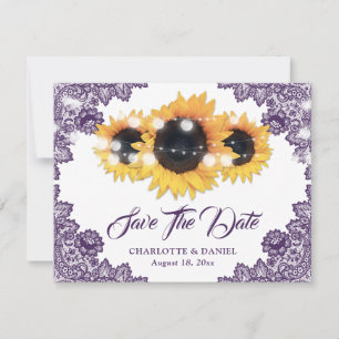 Elegant Purple Floral Lace Sunflower Wedding Announcement