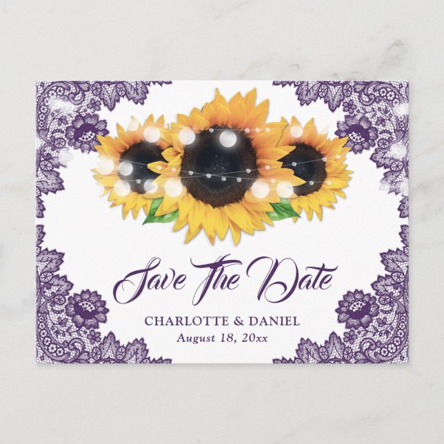 Elegant Purple Floral Lace Sunflower Wedding Announcement Postcard (Front)