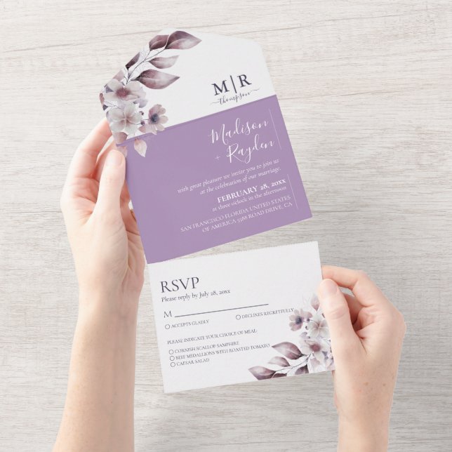 Elegant Purple Floral Lavender Wedding All In One Invitation (Tearaway)