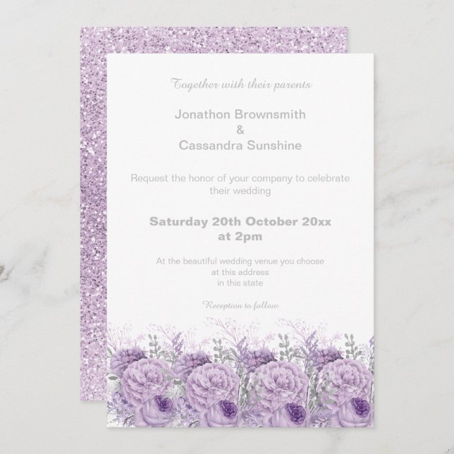ELEGANT PURPLE FLORAL  MARBLE GLITTER WEDDING INVITATION (Front/Back)