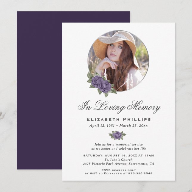 Elegant Purple Floral Memorial Service Photo Invitation (Front/Back)