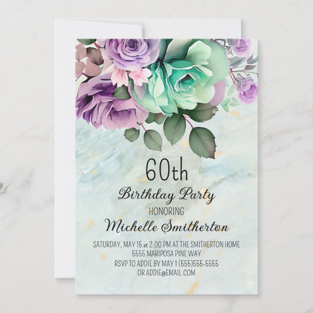 Elegant Purple Floral Mint Green 60th Birthday  Invitation (Front)