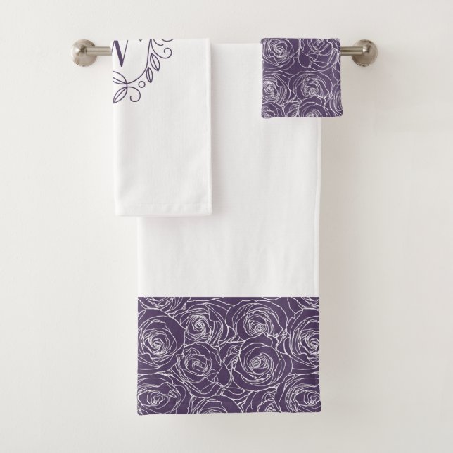 Elegant Purple Floral Monogram Bath Towel Set (Insitu)