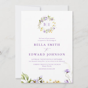 Elegant Purple Floral Monogram Botanical Wedding Invitation