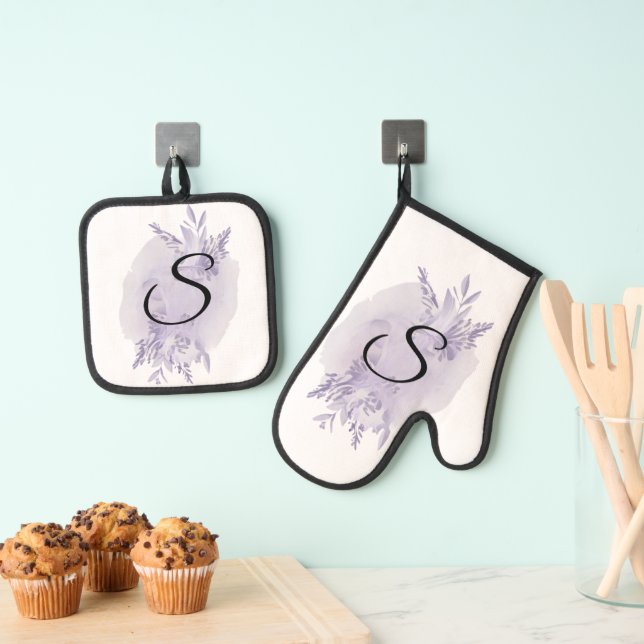 Elegant Purple Floral Monogram Oven Mitt & Pot Holder Set (Insitu(Hanging))