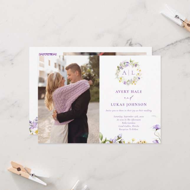 Elegant Purple Floral Monogram Photo Wedding Invitation (Front/Back In Situ)