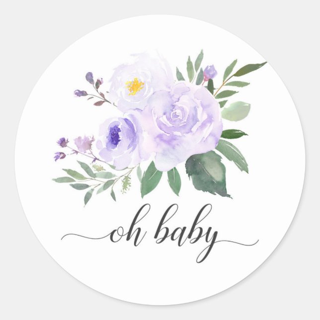 Elegant Purple Floral Oh Baby Shower Classic Round Sticker (Front)