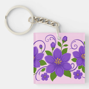 Elegant Purple Floral Ornament Pattern Key Ring