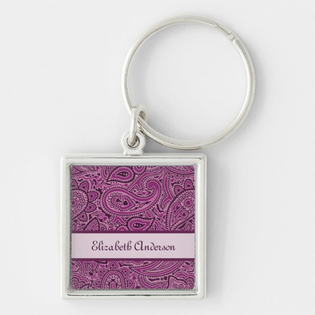 Elegant Purple Floral Paisley Pattern With Name Key Ring (Front)