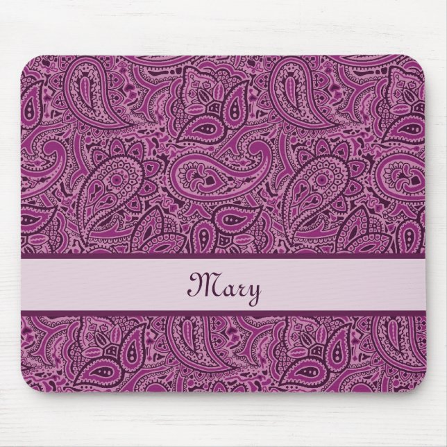 Elegant Purple Floral Paisley Pattern With Name Mouse Mat (Front)