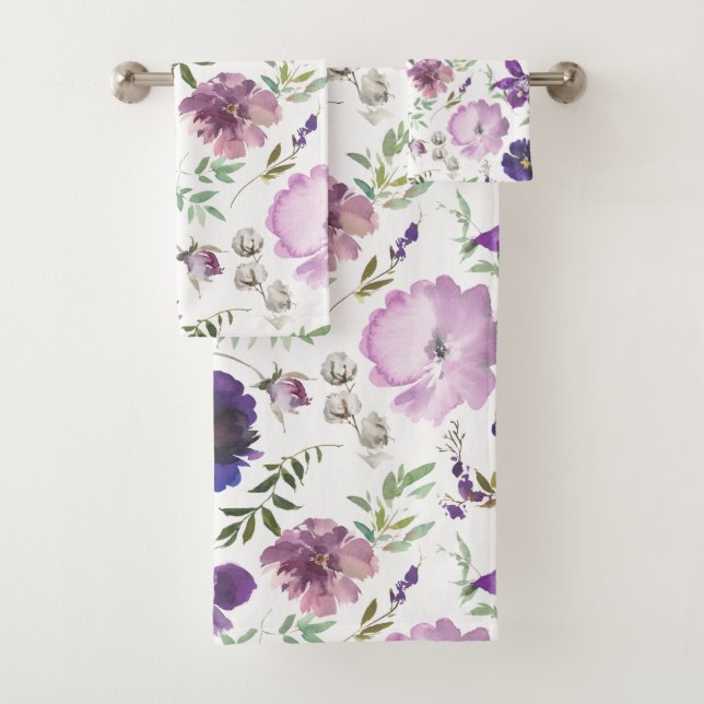 Elegant Purple Floral Pattern Bathroom Towel Set (Insitu)