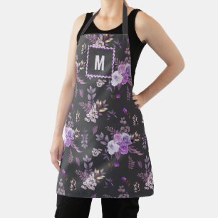 Elegant Purple Floral Pattern Monogram Apron