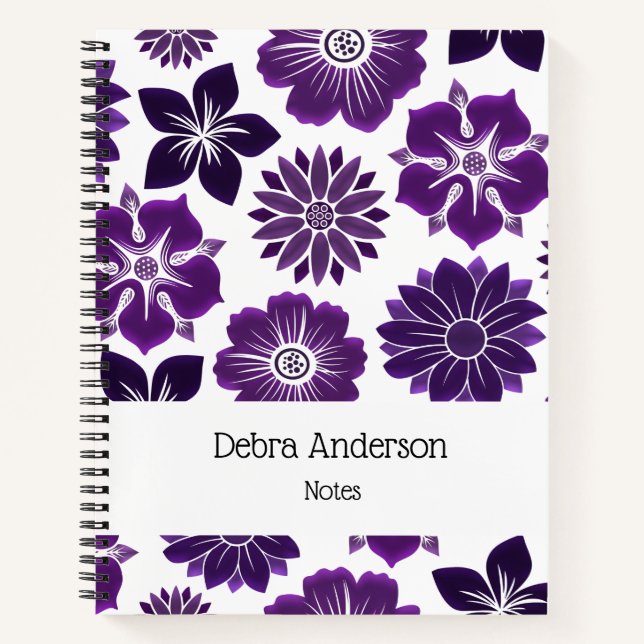 Elegant Purple Floral Pattern Name Notebook (Front)