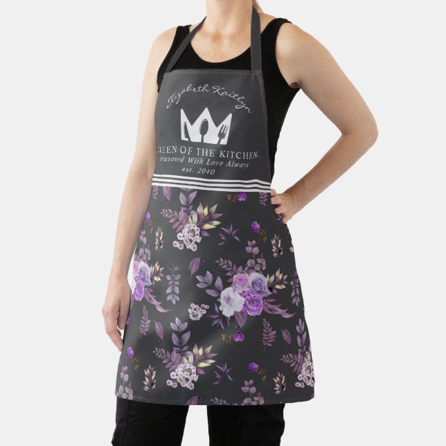 Elegant Purple Floral Pattern Queen of the Kitchen Apron (Insitu)