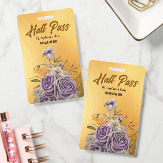 Elegant Purple Floral Personalised Gold Leaf Pass ID Badge