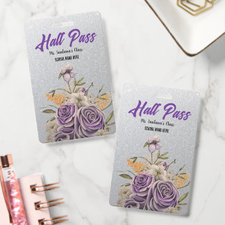 Elegant Purple Floral Personalised Hall Pass ID Badge