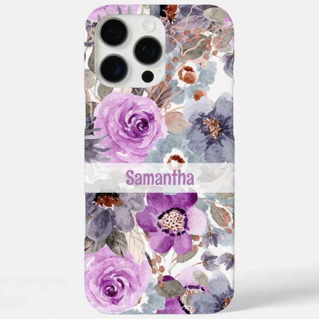 Elegant Purple Floral Personalised Name Case-Mate iPhone Case (Back)