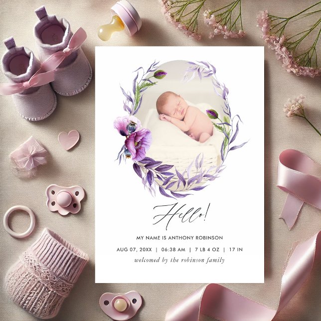 Elegant Purple Floral Photo Baby Announcement (Elegant Purple Floral Photo Baby Announcement)
