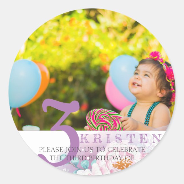 Elegant purple floral photo birthday party classic round sticker (Front)