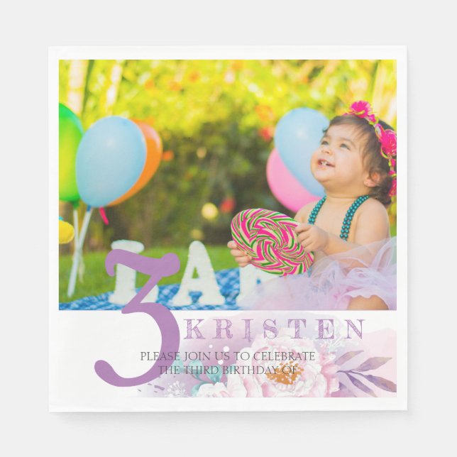 Elegant purple floral photo birthday party napkin (Front)