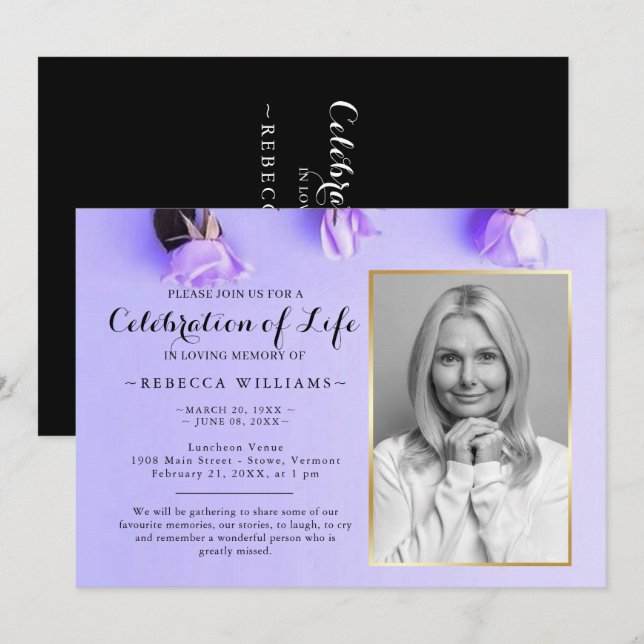 Elegant Purple Floral Photo Celebration of life Invitation (Front/Back)