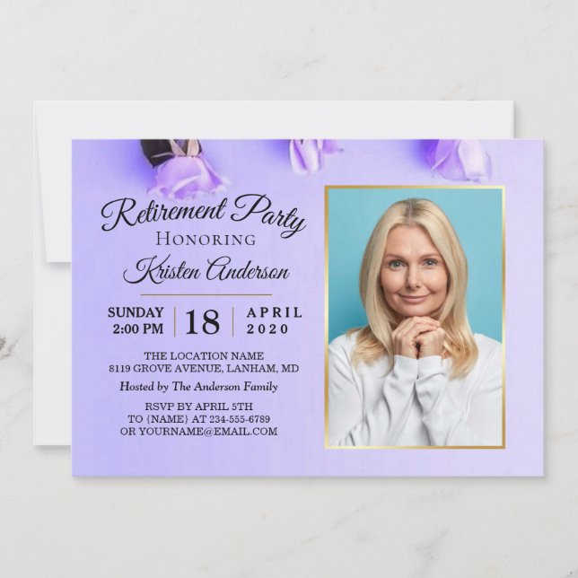Elegant Purple Floral Photo Retirement Party Invitation (Front)