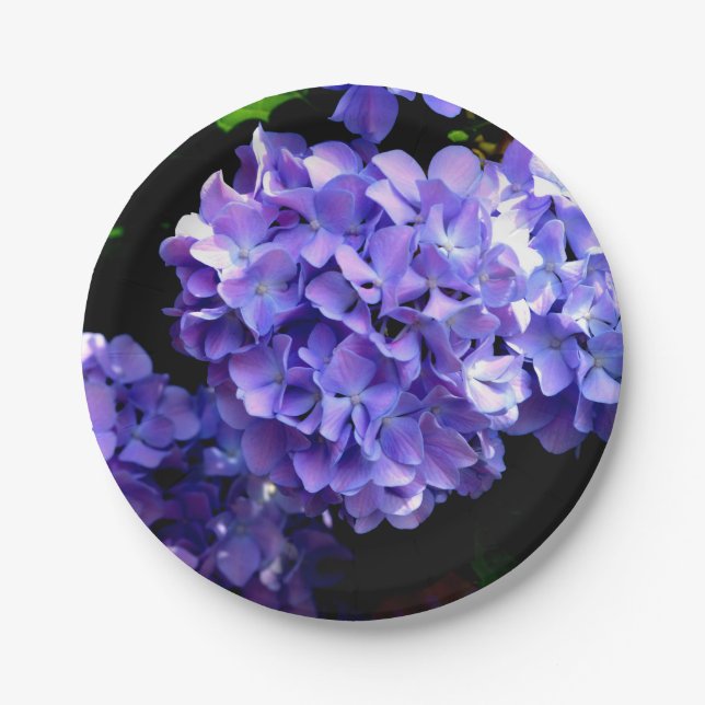Elegant purple floral purple blue hydrangeas paper plate (Front)