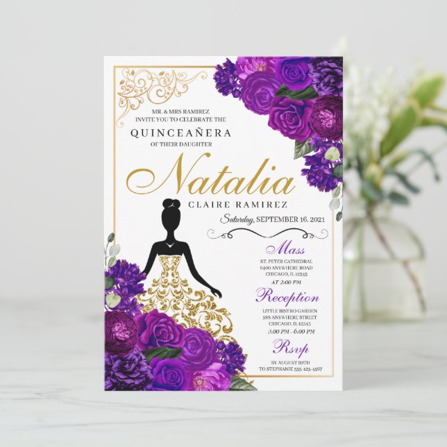 Elegant Purple Floral Quinceanera Birthday  Invitation (Standing Front)