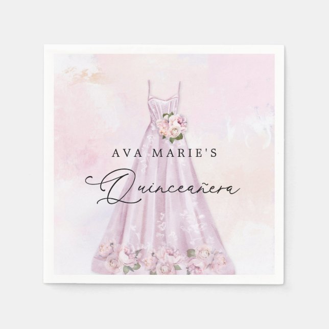 Elegant Purple Floral Quinceañera Party Napkins (Front)