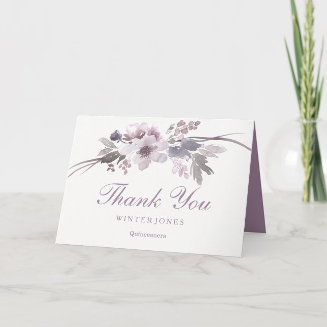 Elegant Purple Floral QuinceaneraThank You Thank You Card (Front)