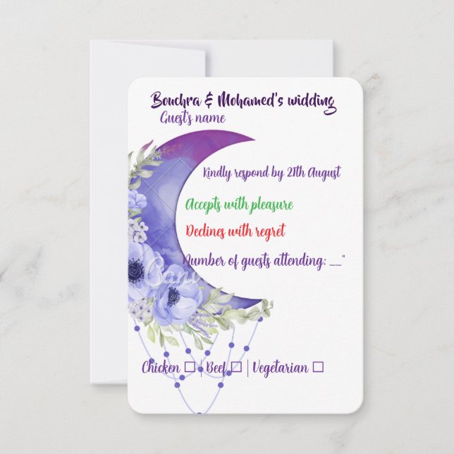 Elegant Purple Floral RSVP Wedding Card – Moon & F (Front)