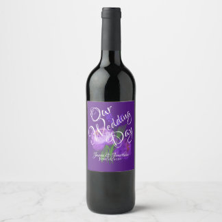 Elegant Purple Floral Script Wedding Wine Label