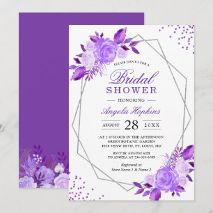 Elegant Purple Floral Silver Frame Bridal Shower Invitation