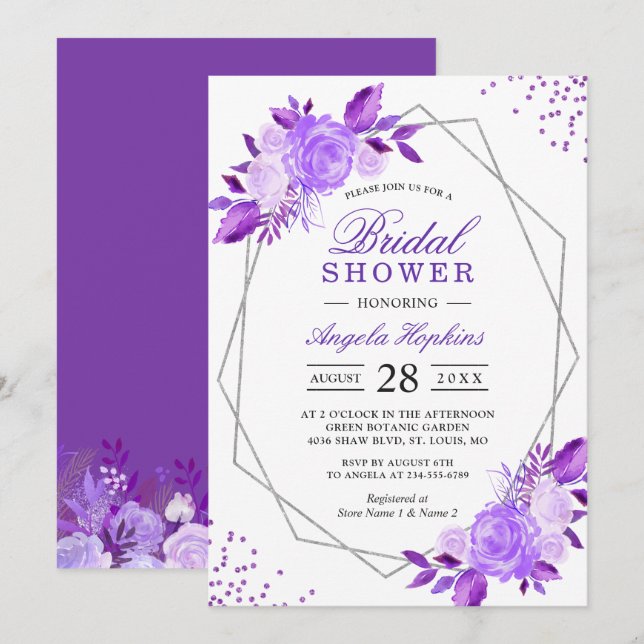 Elegant Purple Floral Silver Frame Bridal Shower Invitation (Front/Back)
