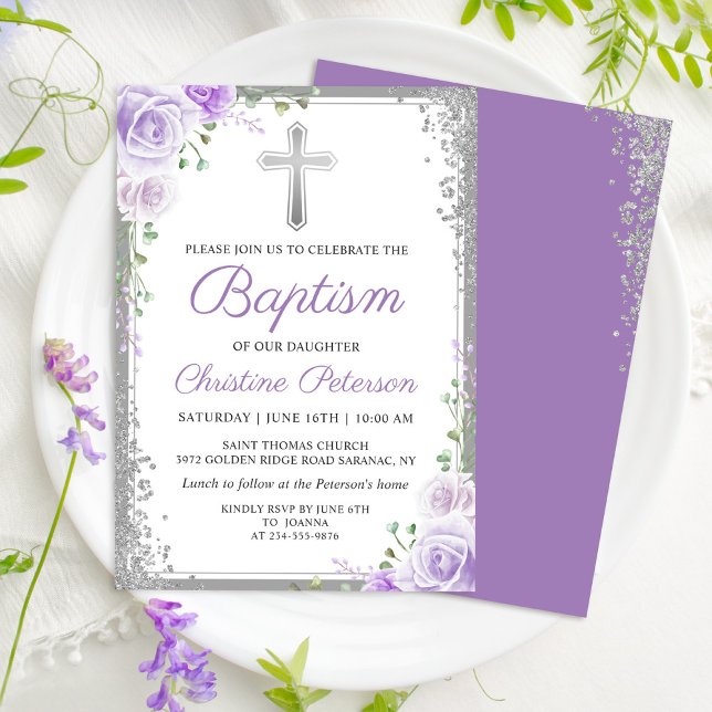 Elegant Purple Floral Silver Glitter Girl Baptism Invitation (Creator Uploaded)