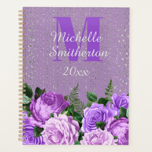 Elegant Purple Floral Silver Glitter Monogram  Planner (Front)