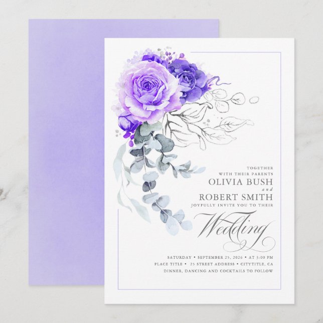 Elegant Purple Floral Silver Greenery Boho Wedding Invitation (Front/Back)