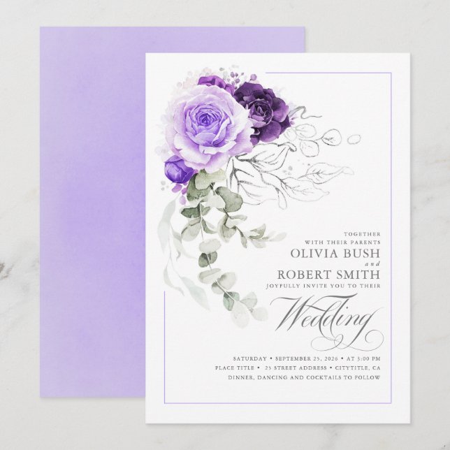 Elegant Purple Floral Silver Greenery Boho Wedding Invitation (Front/Back)