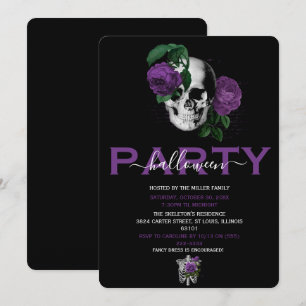 Elegant Purple Floral Skull Adult Halloween Party Invitation